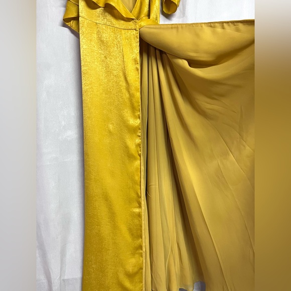 Lulu's Mustard Yellow Satin Wrap Off Shoulder Dress Size XL - Picture 8 of 8